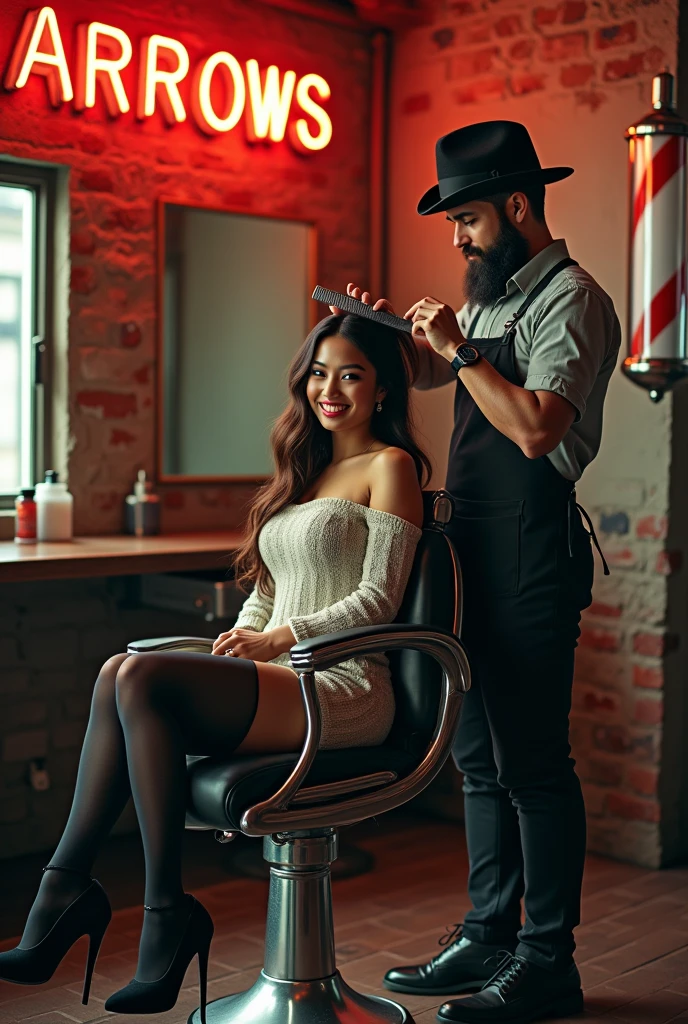 Retro Barber Shop, Barbershop in Brooklyn, New York, window, mirror, Portrait poster, Faded red brick wall,high quality, masterpiece, 「ARROWS」Neon sign with words in capital letters, A barber pole hanging on the wall, Two people, Man with a beard,apron, Have a comb, combing, Black Hat (Beautiful woman, sexy, Wearing high heels, Asian, Beauty, Red Lip, Knitted dress, Black knitted tights, stockings, Long Hair, Beautiful eyes, smile, teeth, Blushing Sitting in a swivel chair, Curvaceous figure, Attractive feminine curves, Woman crossing legs)