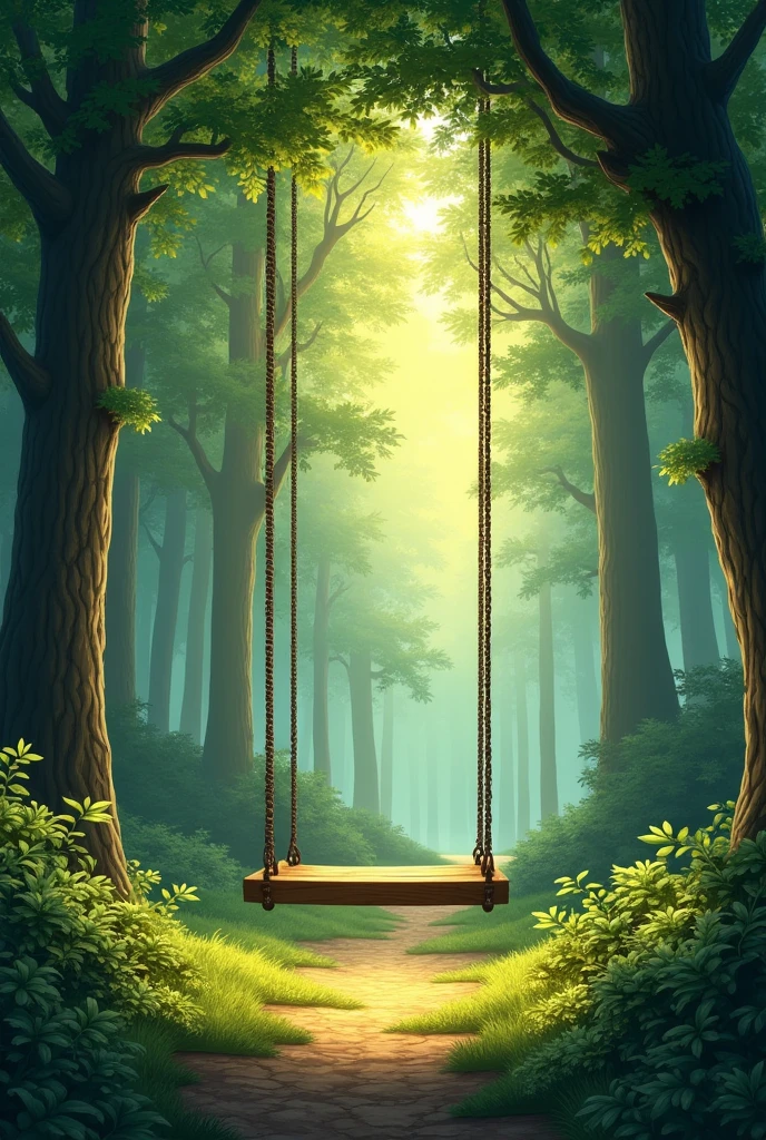 forest,The light shines through,Wooden swing,Relaxing environment, 4k hd,, Beautiful Art UHD 4K, Beautiful artwork illustration, Beautiful digital painting, Highly detailed digital painting, Beautiful digital art, Detailed painting 4k, Highly detailed digital painting, Rich, picturesque colors, Gorgeous digital painting, not human