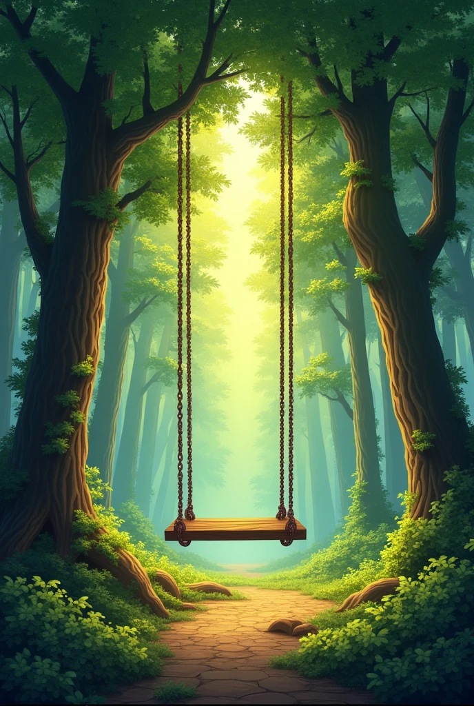 forest,The light shines through,Wooden swing,Relaxing environment, 4k hd,, Beautiful Art UHD 4K, Beautiful artwork illustration, Beautiful digital painting, Highly detailed digital painting, Beautiful digital art, Detailed painting 4k, Highly detailed digital painting, Rich, picturesque colors, Gorgeous digital painting, not human