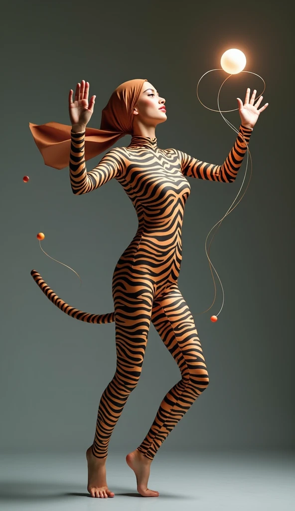 The most beautiful,thin,most pretty and clever malaysian muslimah adult girl wears mountain zebra print lycra turtleneck unitard catsuit.She always wear mountain zebra print lycra dancewear stretchy chiffon hijab.She acts as a cat to play a ball of string.