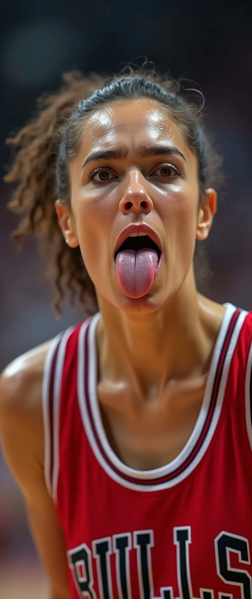 (masterpiece),(Highest quality),(Very detailed),(Ultra-high resolution),(Realistic:2.0),(RAW Photos:2.0),8k,wallpaper,(11 women:2.0),(Very beautiful woman:2.0),(Women basketball players:2.0),(Get past your opponents with a fast dribble:2.0),(dynamicアングル:2.0),(Chicago Bulls uniform:2.0),(The woman is sticking out her tongue:2.0),(Serious:2.0),(Very detailed顔:2.0),(Very detailed手:2.0),(Detailed tongue:2.0),(Muscular:2.0),(dynamic:2.0),(Basketball court),(dynamic:2.0),(VFX:2.0),(Close-up of face:2.0)