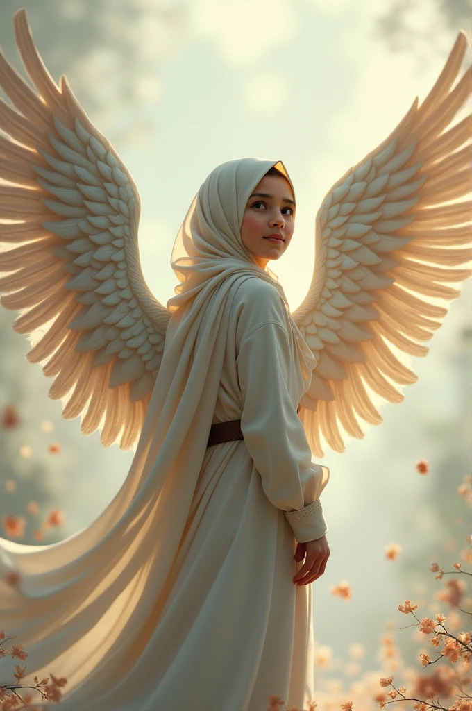 Girl in hijab looking back with big wings