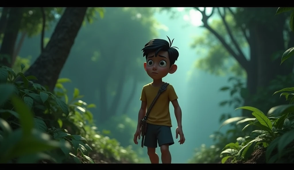 In 3D animation style:**Hearing strange noises**: Mohan stopping in his tracks, looking around nervously as eerie noises and whispers echo through the jungle.