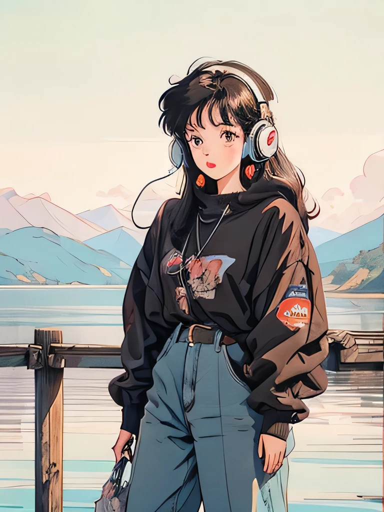 1 girl, 80s anime style, I have headphones on, coffee, Retro, Lo-Fi