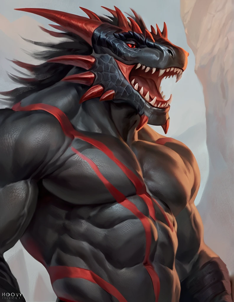 a ferocious male dragonborn, solo, muscular detailed body, horny, open mouth, growing muscles, full body, black color body, scalie, red eyes, comicbook style, best quality, 4k, topless bodysuit,  ultra-detailed, by laobai, by taran fiddler, by honovy