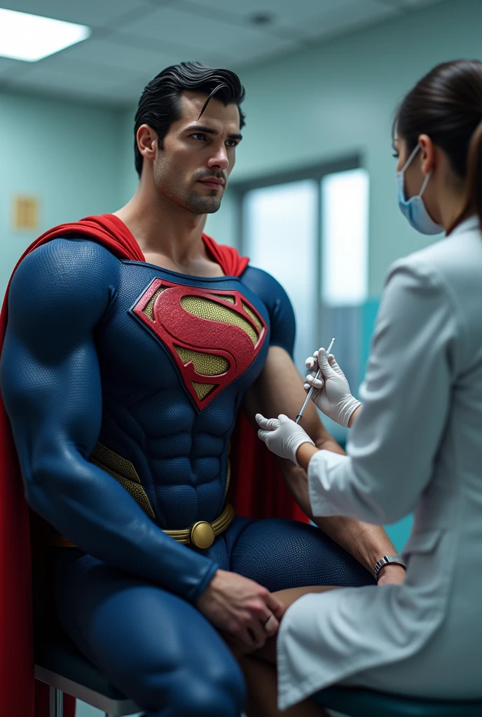 Henry William Superman sits down to get a vaccine shot in his arm in a hospital.