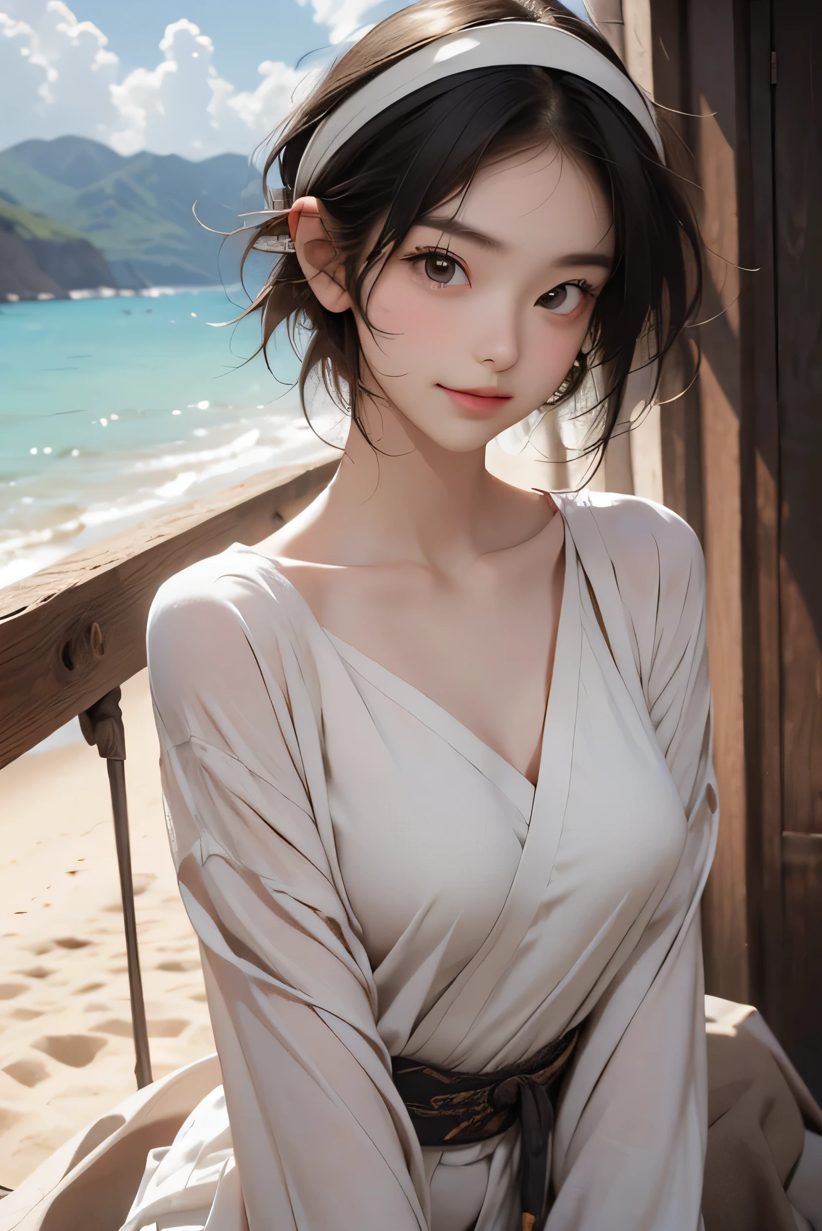 1girl, asian babe, dark skin, breasts, sun, bright sky, afternoon, solo, small breasts, short hair, wet, see through clothes, wet clothes, wading, water, hair band, sand, outdoors, sky, full sun, rain, black hair, off shoulder, beach area, cloud, holding, sash, bare shoulders, surfers, standing, white wet clothes, bright sky, sideboob, obi, wet clothes, bangs, tree, from side, reflection, short hair, beautiful sky, wet hair (((masterpiece),(extremely detailed CG unity 8k wallpaper),best quality,,solo,1girl,cinematic lighting,detailed background,beautiful detailed eyes,bright pupils, (an extremely delicate and beautiful),(Beautiful and detailed eye description), ultra-detailed,masterpiece,)),