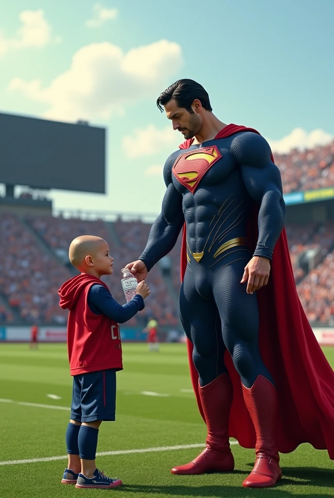 Superman flies to the football field and gives a grown-up ager with a bald head a bottle of water