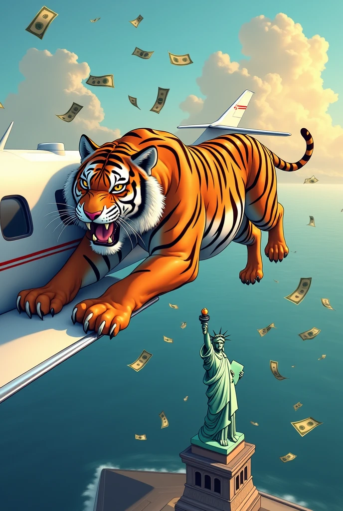 (best quality, masterpiece), (private jet gulfstream G650ER, fly across the ocean, Towards America, below you can see the statue of liberty,), (tiger holding airplane wing, scared tiger facial expression, tiger screaming), (there are banknotes flying behind the plane),(cartoon of man sticking his head out of airplane window, looking at the tiger), (afternoon, the sun is almost setting)