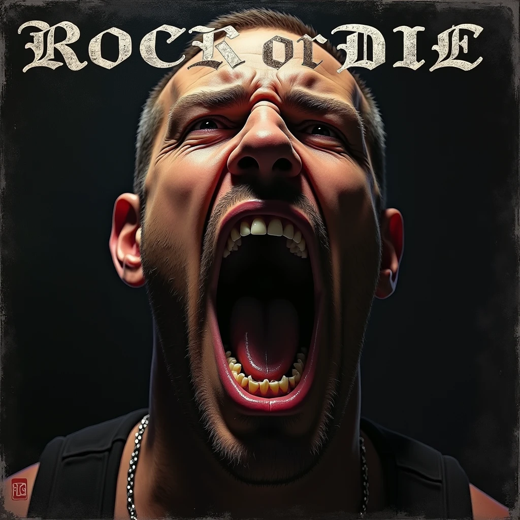 a cover for a heavy metal sampler it´s called "ROCK OR DIE". a face of a man he is screaming