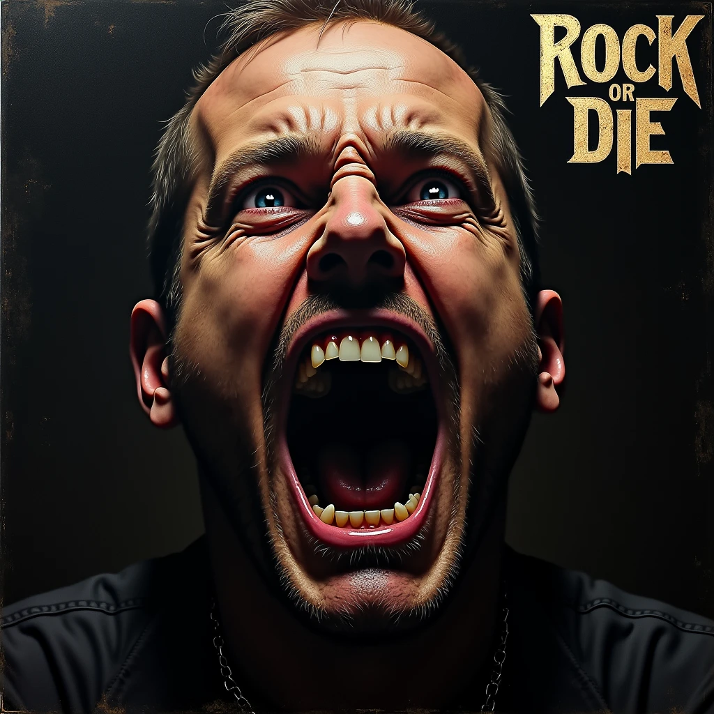 a cover for a heavy metal sampler it´s called "ROCK OR DIE". a face of a man he is screaming