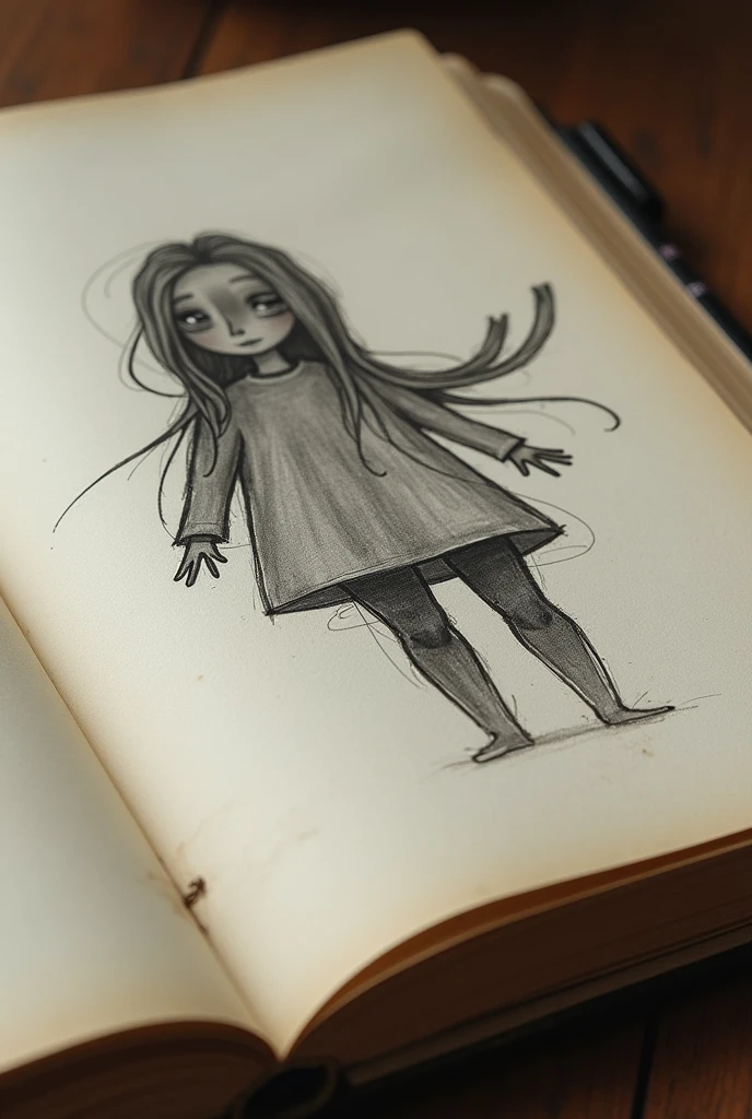 (A close-up of Mia's sketchbook with unfinished artwork, reflecting her struggle and frustration 4 images