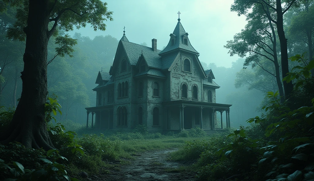 In 3D animation style:**Finding the old mansion**: A view of a large, abandoned mansion in the middle of the jungle, surrounded by overgrown vegetation and a mysterious fog.