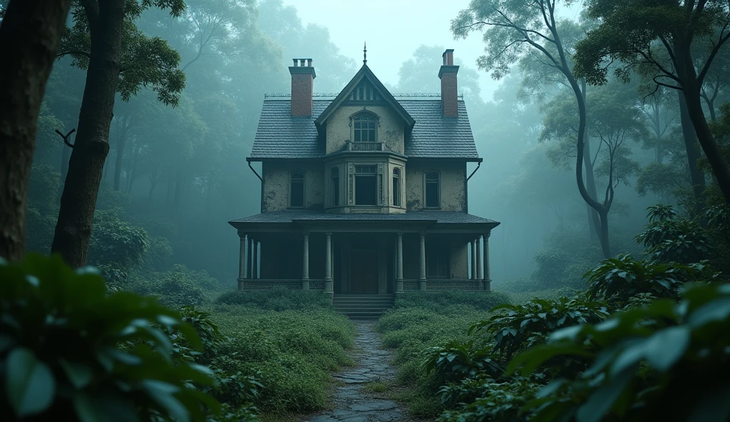 In 3D animation style:**Finding the old mansion**: A view of a large, abandoned mansion in the middle of the jungle, surrounded by overgrown vegetation and a mysterious fog.