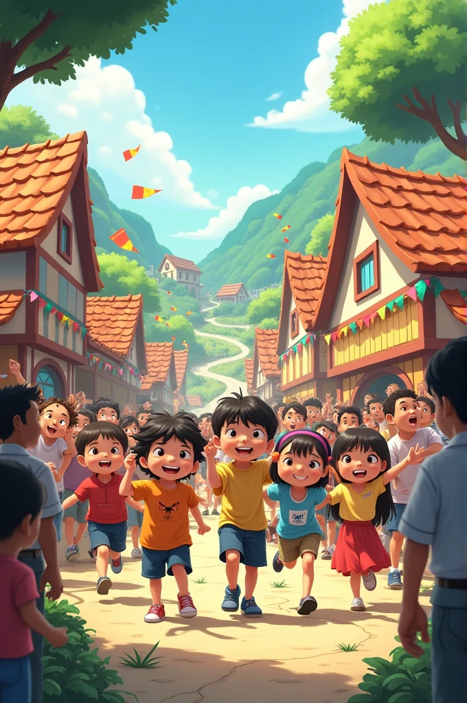     - **Prompt**: A cheerful village scene with happy villagers celebrating, children playing, and Tukai and his friends standing together proudly.