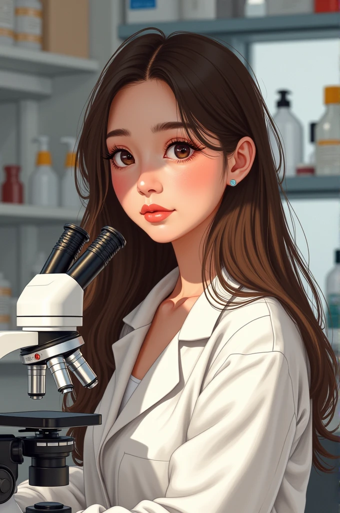 Create a realistic style illustration, in vertical format of a woman in a brown skin analysis laboratory, long straight hair. Big and tender brown eyes. with blushing cheeks. And a microscope near it.