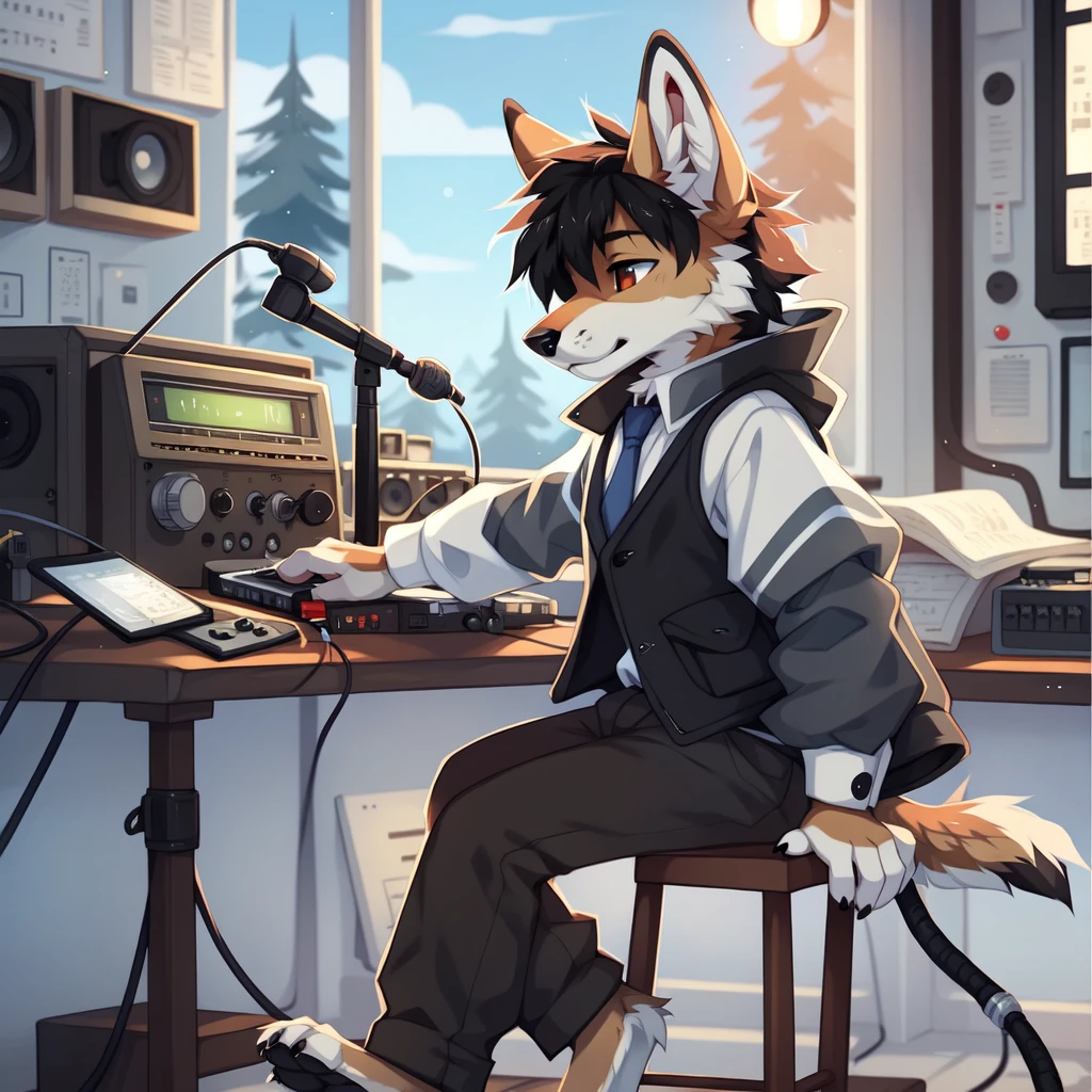 full body，male，coyote，Telegraph，Telegraph operator，radio，Desktop Microphone Stand，Black vest with white sleeves and blue tie，too,AMATEUR RADIO，Radio Station，Radio transmitter，Electronic Instruments，Precision instrument panel, ((by keihound, by reysi)), by Zackary911, by hyattlen, by fumiko, by fluff-kevlar, Furry, Anthro,