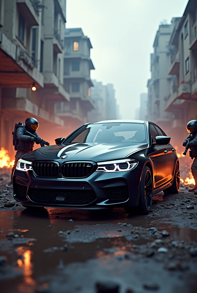 A Black BMW M5 Competition in Battleground Mobile India game and with a amazing Background and the players walking around with hanging Guns 