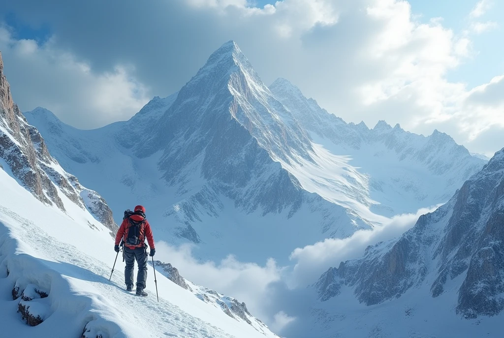 beautiful detailed snow-covered mountain, climber climbing mountain, extreme winter landscape, adventurous expedition, detailed climbing gear, harsh weather conditions, beautiful detailed sky, dramatic lighting, cinematic composition, epic adventure scene, hyper-realistic, 8k, photorealistic, masterpiece