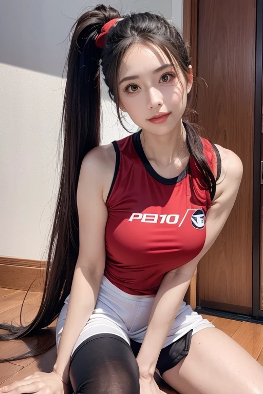 Realistic, High resolution, 1 female, alone,Displaying the viewer, (Detailed face), ponytail、170cm long legged girl、((Low-angle full-body shot))、
,,Perfectly symmetrical eyes、Fuller lips、Ample breasts、Tight waist、Sweaty thighs、Volleyball Player、Standing on the volleyball court in the gym、Girl in volleyball uniform、Tight shorts、Tank top、Precise finger placement、(Sporty over-the-knee socks)