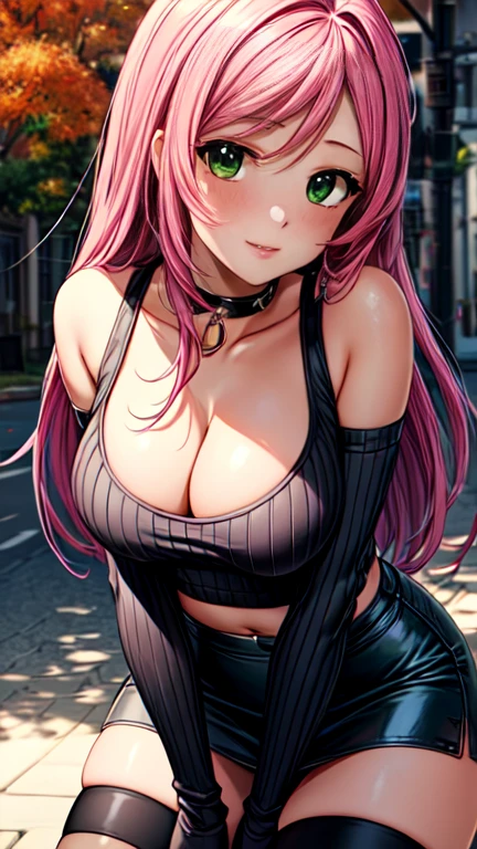 Masterpiece, raw, beautiful art, professional artist, 8k, art style by sciamano240, very detailed face, very detailed hair, 1 woman, perfectly drawn body, beautiful face, long hair, pink hair , very detailed green eyes , rosey cheeks, intricate details in eyes, playful smile, looking directly at viewer , in love with viewer expression, black chocker, lipstick, wearing cute fall clothes, ribbed white crop sweater, short black pencil skirt, thigh boots, crouched down, sunny day fall, cleavage, standing up