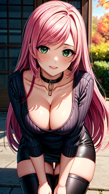 Masterpiece, raw, beautiful art, professional artist, 8k, art style by sciamano240, very detailed face, very detailed hair, 1 woman, perfectly drawn body, beautiful face, long hair, pink hair , very detailed green eyes , rosey cheeks, intricate details in eyes, playful smile, looking directly at viewer , in love with viewer expression, black chocker, lipstick, wearing cute fall clothes, ribbed white crop sweater, short black pencil skirt, thigh boots, crouched down, sunny day fall, cleavage, standing up