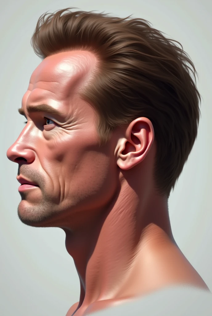 2d flat Photorealistic image capturing the exact right profile of Arnold Schwarzenegger. The image should be highly detailed, showing the full side view of the face, including the ear, jawline, and neck, with accurate anatomical proportions. The subject is positioned with their head facing forward and perpendicular to the camera, under soft, even lighting to minimize shadows. The background is neutral, and the camera is set at eye level with a telephoto lens to avoid distortion. The resulting image should be suitable for precise anatomical measurements. exactly Arnold Schwarzenegger