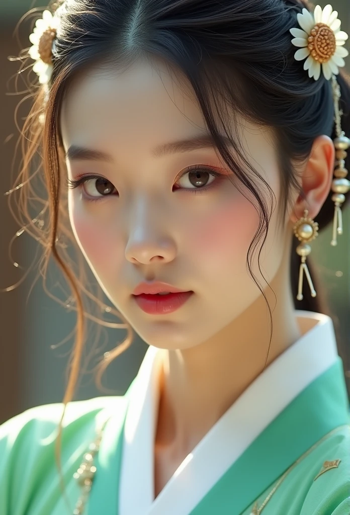 Beautiful girl in traditional hanbok, (Empress of Joseon Dynasty_gorgeous, elegance, aura, intricate and delicate detailed description), detailed perfect face, gorgeous hair decoration, (fluorescent hanbok_pink jeogori, green fluffy skirt, delicate details), Korean beauty, close-up angle, amazing, attractive, pure, blurry natural outdoor background, 8k, best quality, highly detailed and realistic, LORA reference: 2.0, cinematic,