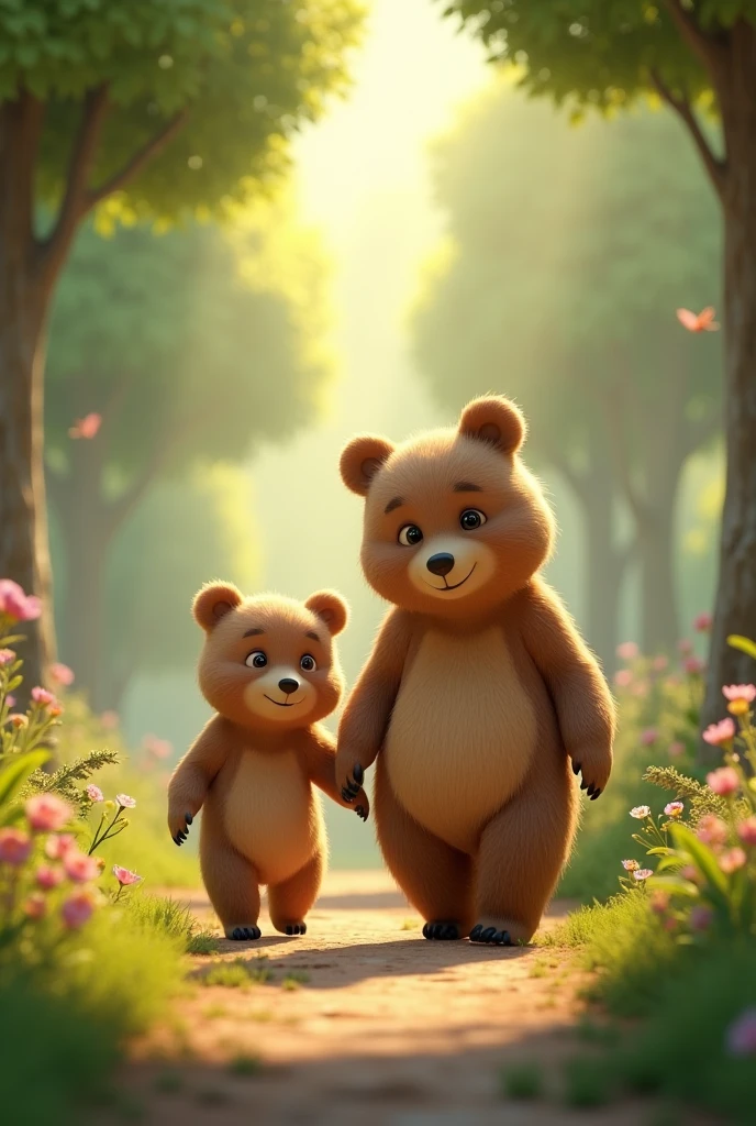 In 3d animation style
5. **Bear’s Lesson**: The bear and its mother walking happily through the forest, with the bear looking content and proud, reflecting on the lesson of bringing happiness to others.