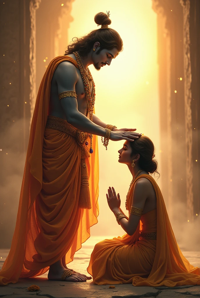 The serene and compassionate Lord Krishna, surrounded by a halo of light, gently placing his hand on the head of a humble devotee, granting them peace and protection.