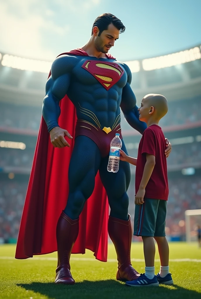 Superman flies to the football field and gives a grown-up teenager with a bald head a bottle of water