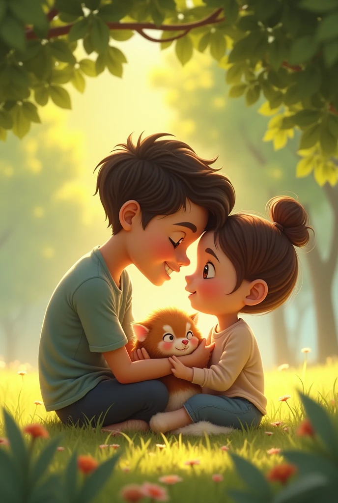 Bobo snuggling into Ali's hands, its tiny ears resting comfortably, while both of them sit together under a tree, their bond of friendship evident in their expressions.