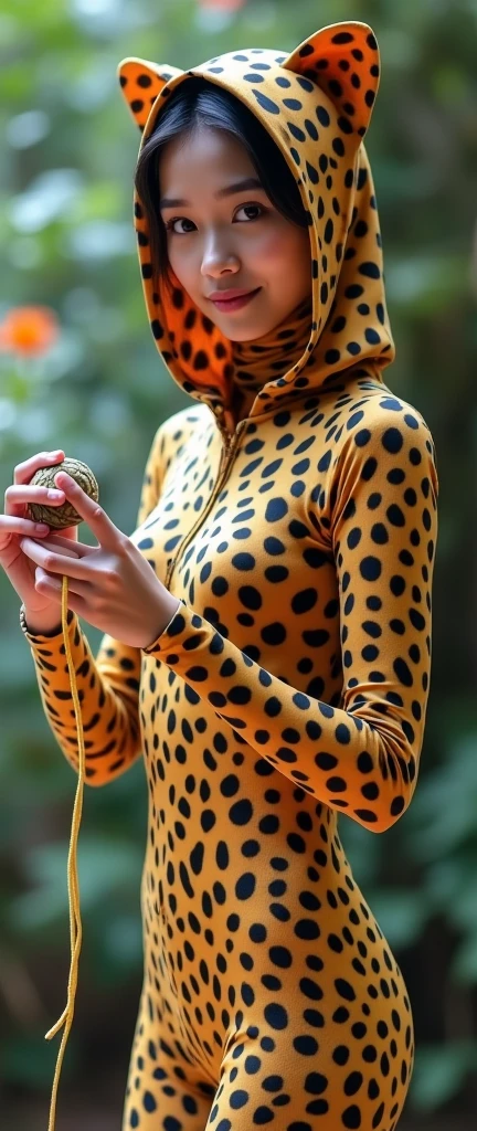 The beautiful,slender thin and clever Malaysian muslimah adult female girl with beautiful cheeks wears  margay animal print costume lycra turtleneck unitard catsuit covered with patterns and margay  print lycra elastane stretchy dancewear hijab-like hood covered with patterns.She plays a ball of string.