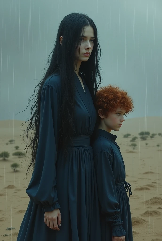 In a dark dessert, in rainy weather, a woman with very long black hair and white skin, dressed in dark blue and behind her stands a small boy child with curly red hair