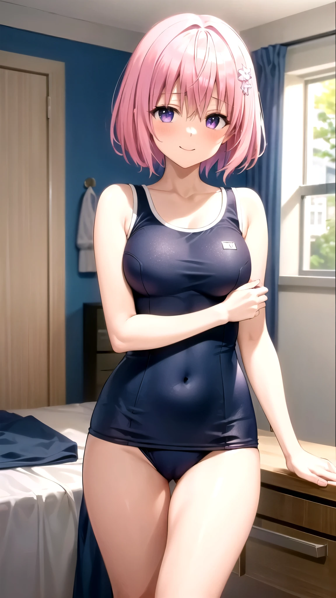 8k,Highest,quality,(highest quality:1.1), (masterpiece:1.4), (Confused:1.0),
1 person, Deviluke Type, hair ornaments, Bobcut, Short Hair Pink Hair, Purple eyes, Narrow waist,medium , ((Navy blue school swimsuit)), ((((In her room)))), (blush:1.2), smile,(Perfect Fingers),Heavy breathing,((Pussy L,