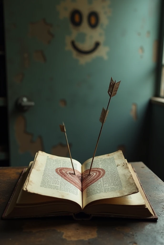 In the quiet room, an ancient book takes center stage. An arrow piercing a heart-shaped target on the book's page symbolizes the attainment of a meaningful goal. The mysterious smile on the wall seems to give its blessing to this achievement, creating an atmosphere of hope and fulfillment.