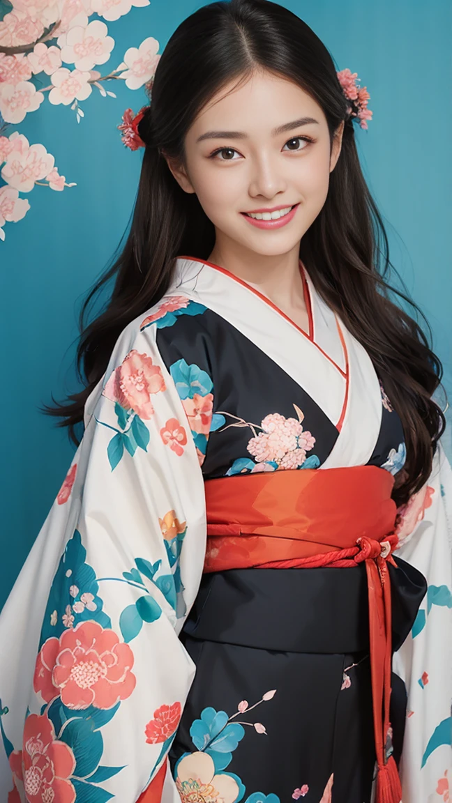 (SeaArt creates stunning illustrations of beautiful women in kimono)、Vividly colored Japanese Ukiyo-e style illustrations、A beautiful woman smiles and shows her upper white teeth、Brown-black long hair、Beautiful full body style、If you want to dance, let&#39;s dance, Tokyo Ondo, Yoi Yoi、Beautiful new digital paintings,、Bright vibrant digital anime art、 Beautiful anime portraits、background,Torii gate front of Japanese shrine、 Detailed digital anime art