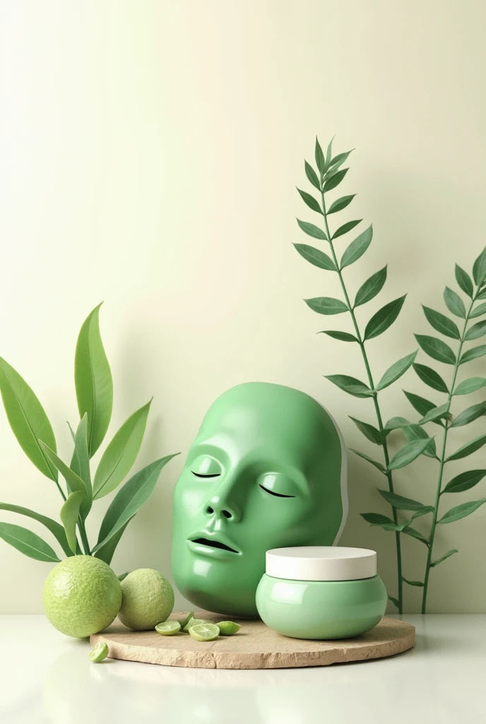 Créer un fond d'écran avec un fond de texture crème blanche. Rajoute des masques de beauté vert et des plantes . Ils faut que les objet rentre dans la crème.