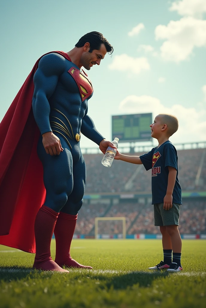 Superman flies to the football field and gives a grown-up ager with a bald head a bottle of water