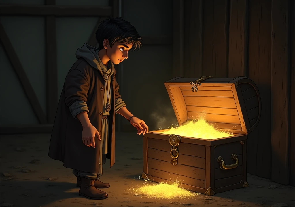 Inside a dimly lit barn, Kishan stands before an old, locked chest. His hand trembles slightly as he uses the key given by the mysterious man to open it. A soft, golden light emanates from within the chest, illuminating Kishan's surprised face as he discovers what’s inside."
