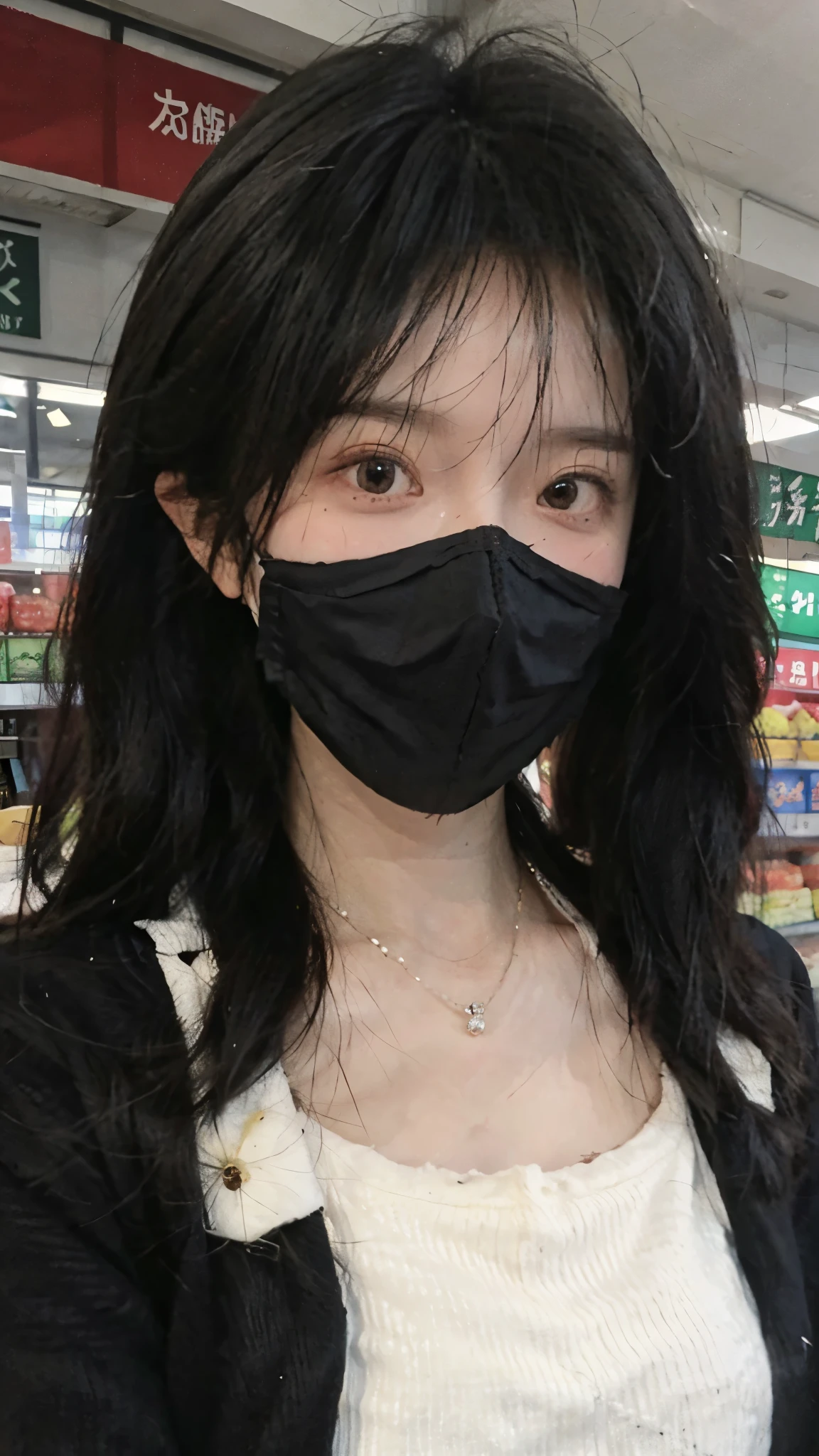 黑色wear mask,Best quality,黑色wear mask,Ultra-high resolution,(Reality:1.4),(黑色wear mask:1.4),Cute hairpins,girll,Cropped black sweater,wear mask,Look directly at the audience,Full of atmosphere,Beautiful woman with a slim figure:1.4,黑色wear mask,supermarket,whole body,Super delicate face,Exquisite eyes,Double eyelids,necklace,黑色wear mask,