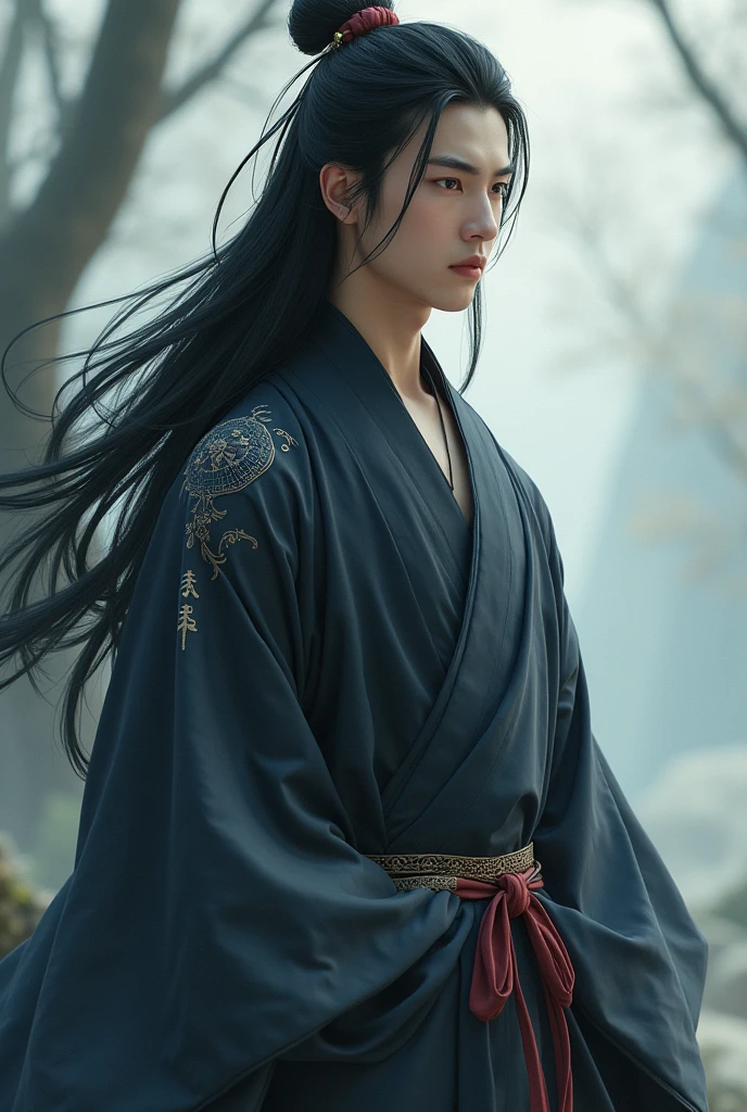 (Absurd, High quality, Ultra detailed, Careful with face) 1man with perfection dark eyes and long black-hair. Mid-twenties aged man is cultivator of chinese ancient cultivation, beautiful handsomely. A long robe and extremely long hair.