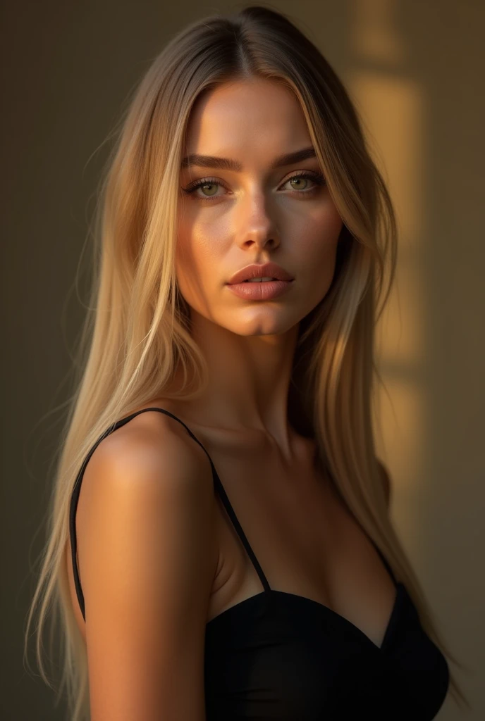 a very realistic and detailed photo of a beautiful italian woman, black skirt, perfect makeup, long sleek straight blonde hair, high quality, photorealistic, 8k, luxury, elegant, sophisticated, confident pose, studio lighting, cinematic, golden hour, warm tones, glowing skin, sculpted features, piercing eyes, full lips, sharp focus