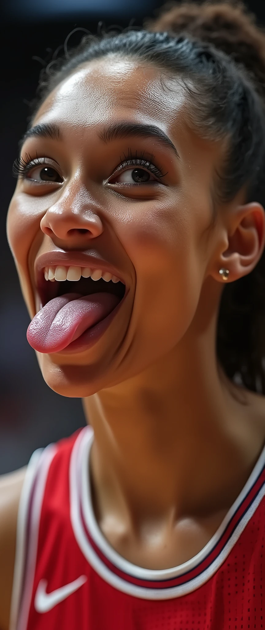 (masterpiece),(Highest quality),(Very detailed),(Ultra-high resolution),(Realistic:2.0),(RAW Photos:2.0),8k,wallpaper,(11 women:2.0),(Very beautiful woman:2.0),(Women basketball players:2.0),(Get past your opponents with a fast dribble:2.0),(dynamicアングル:2.0),(Chicago Bulls uniform:2.0),(The woman is sticking out her tongue:2.0),(Serious:2.0),(Very detailed顔:2.0),(Very detailed手:2.0),(Detailed tongue:2.0),(Muscular:2.0),(dynamic:2.0),(Basketball court),(dynamic:2.0),(VFX:2.0),(Close-up of face:2.0)