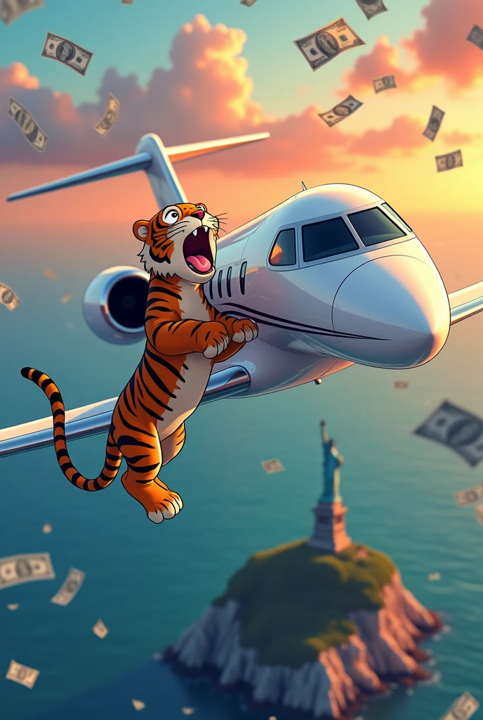 (best quality, masterpiece), (private jet gulfstream G650ER, fly across the ocean, Towards America, below you can see the statue of liberty,), (little tiger hanging on the wing of the plane, scared tiger facial expression, tiger screaming), (there are banknotes flying behind the plane),(cartoon of man sticking his head out of airplane window, looking at the tiger), (afternoon, the sun is almost setting)