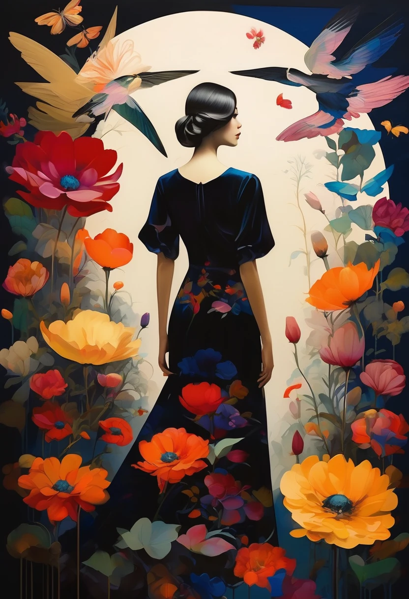 (Sensual illustration chiaroscuro), Illustration art, By Irina Kapi. Surrealism, Vintage Abstraction,  (黒い翼を持つ少女が空を飛んでいるPainting:1.2), Black winged woman, Colorful flower garden background、Highest quality, masterpiece, Ultra high definition、Painting, Concept Art, Emotional, Atmospheric, Romantic aesthetics, Represents transformation and the ability to see beyond the surface、Ultra high definition、(deep, Delicate colors) paint (draw) 、最高masterpiece、Highest quality、