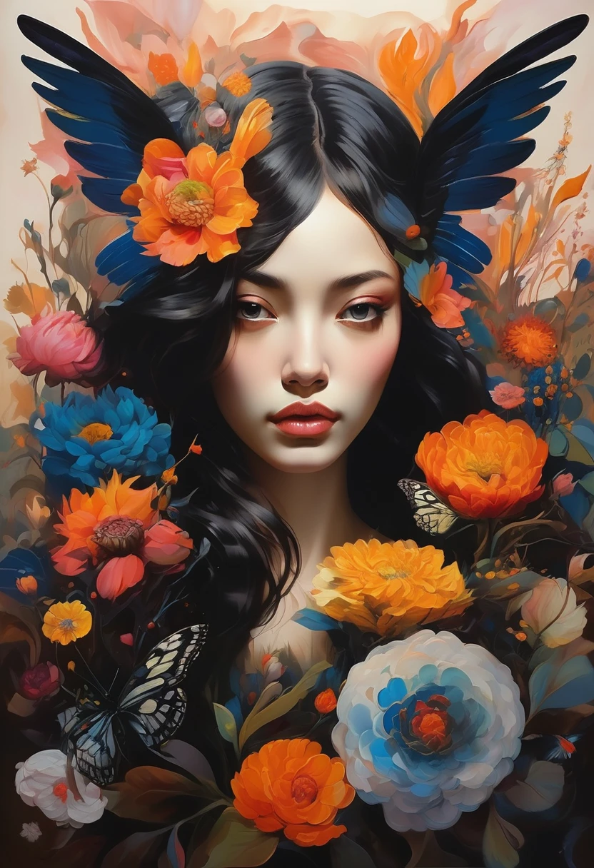(Sensual illustration chiaroscuro), Illustration art, By Irina Kapi. Surrealism, Vintage Abstraction,  (黒い翼を持つ少女が空を飛んでいるPainting:1.2), Black winged woman, Colorful flower garden background、Highest quality, masterpiece, Ultra high definition、Painting, Concept Art, Emotional, Atmospheric, Romantic aesthetics, Represents transformation and the ability to see beyond the surface、Ultra high definition、(deep, Delicate colors) paint (draw) 、最高masterpiece、Highest quality、