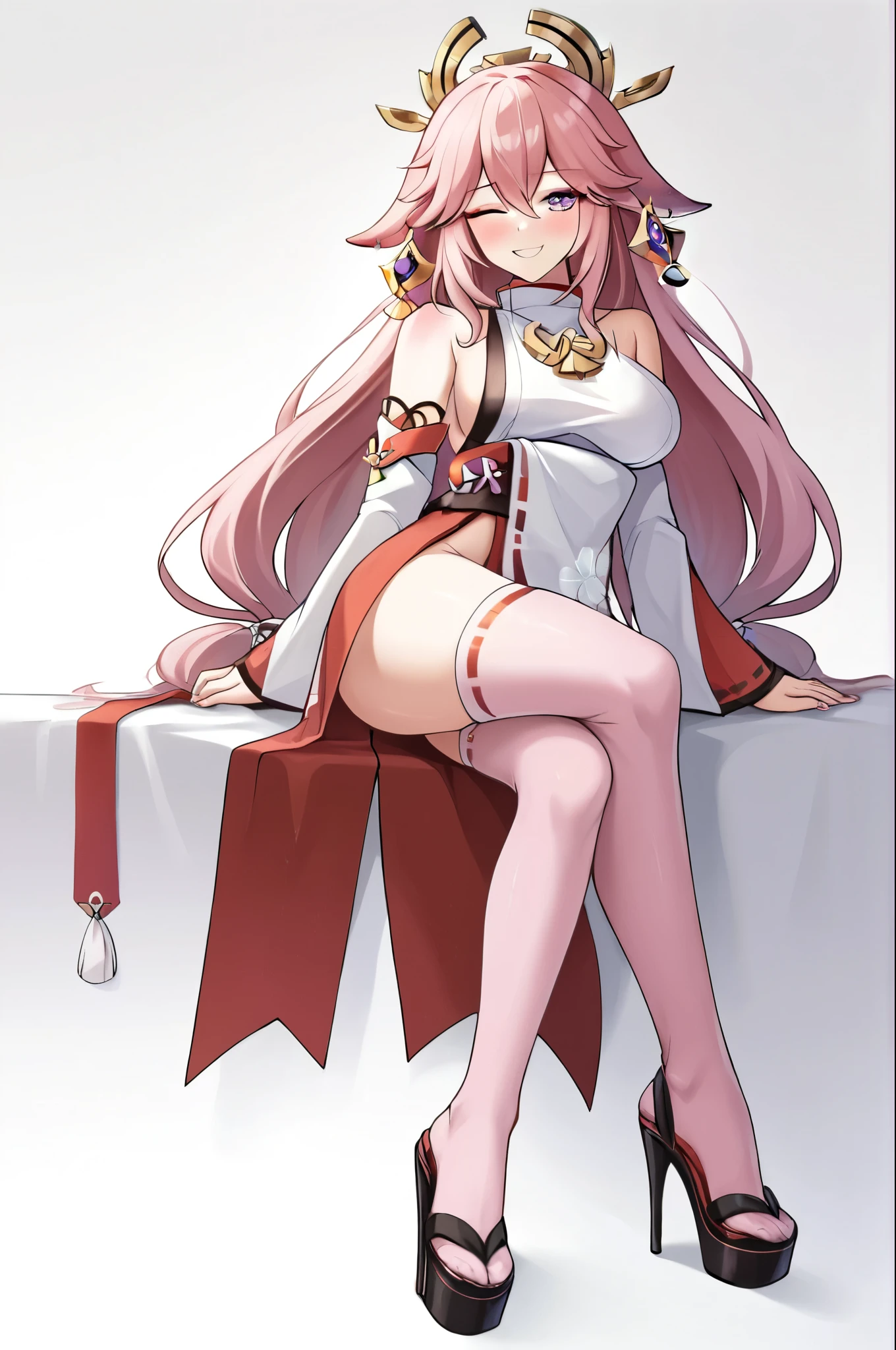 score_9, score_8_highly, best quality,masterpiece,Viewers look at,most absurd,1 girl, Pause Bachong, Side curls, sleeveless_chemise,non-traditional_miko, White_sleeve, Wide_sleeve, ear rings, japanese_attire, just_pauldrons, detached_sleeve, yae miko, Genshin Influence, fox shadow phighlypet one eye closed, grin, closed mouth, red eyeshadow, hole body, feet, five toes, pink stockings, High Heels, Self-adhering stockings, platform pumps High Heels,