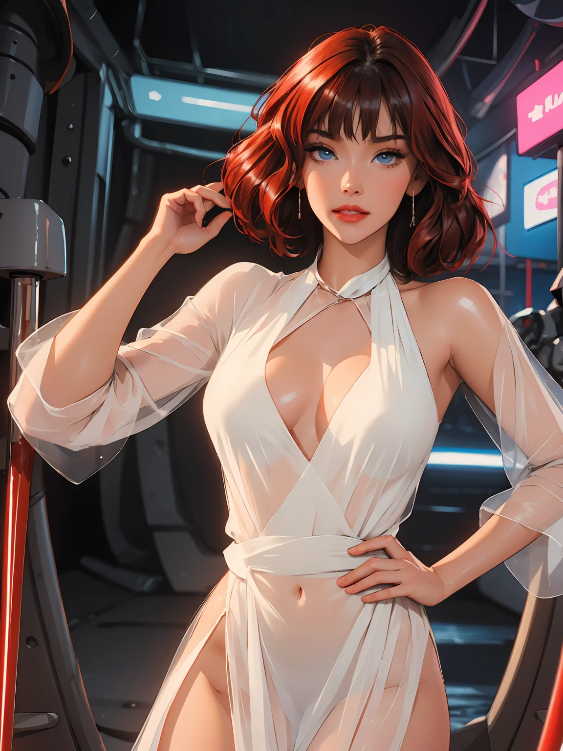 1girl,a beautiful fashion model ,(masterpiece, detailed background, best quality),short and shiny hair, red hair, hair with highlights, bangs, smirk,juicy lips,red lips, calmart, lingerie, stripping, elegant makeup, blue eyes, full body shot, (shiny skin), cyberpunk, sci fi, boa, extravagant jewelry, cocky expression, covered in jewelry, fancy, see through white dress, shiny skin, wet skin. running hand through hair