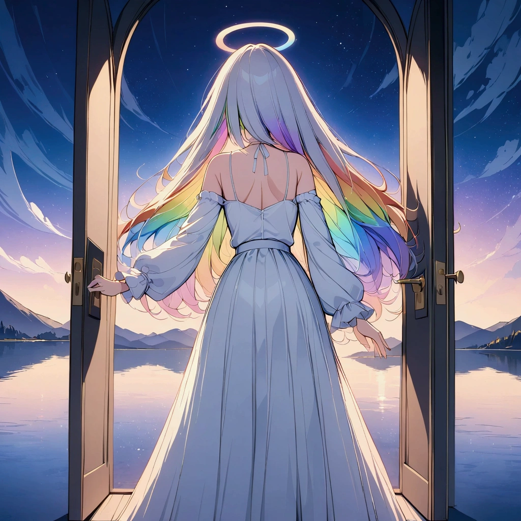 (((anime))) One Woman,Behind the door,Door on the lake,Heaven is at the door,Angel turning his back,Large iridescent feathers,Long Hair,(Rainbow Hair),Angel halo white camisole,Volume sleeve,Long skirt,Black boots,night,full moon,star,Backlight,masterpiece,Highest quality,Exquisite,8k,Absurd,Ultra-fine illustrations,